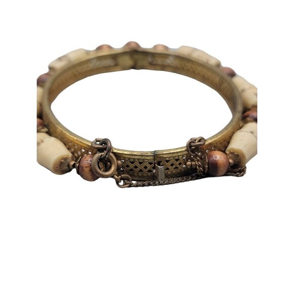 Miriam Haskell Rare Hinged Clamper Bangle Bracelet Resin Bamboo Wood Beads 6.5" - Picture 9 of 14